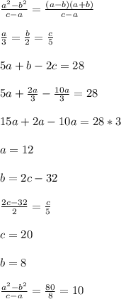 \frac{a^2-b^2}{c-a}=\frac{(a-b)(a+b)}{c-a}\\\\&#10;\frac{a}{3}=\frac{b}{2}=\frac{c}{5}\\\\&#10;5a+b-2c=28\\\\&#10;5a+\frac{2a}{3}-\frac{10a}{3}=28\\\\&#10; 15a+2a-10a=28*3\\\\&#10; a=12\\\\&#10; b=2c-32\\\\&#10;\frac{2c-32}{2}=\frac{c}{5}\\\\&#10;c=20\\\\&#10;b=8\\\\&#10; \frac{a^2-b^2}{c-a}=\frac{80}{8}=10&#10;&#10;