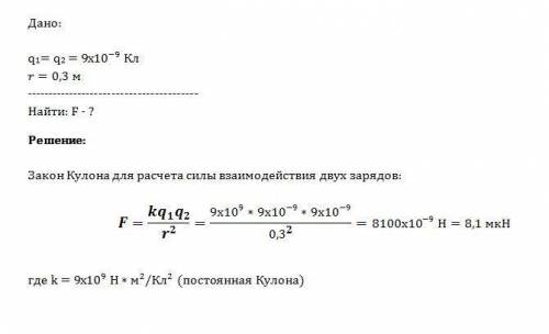 Чему равна сила взаимодействия двух одинаковых точечных зарядов, равных 9*10^-9 кл, находящихся на р