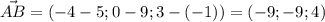 \vec{AB} = (-4-5;0-9;3-(-1)) = (-9;-9;4)