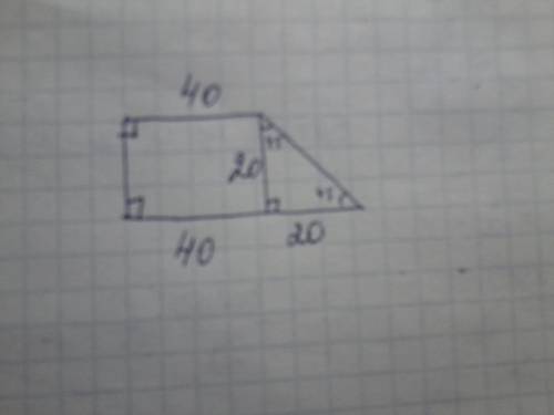 Впрямоугольной трапеций с острым углом равным 45 градусов основания равны 40 см и 60 см найдите площ