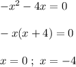 - x^{2} -4x = 0 \\ \\ -x(x+4) =0 \\ \\ x= 0 \ ; \ x=-4