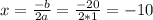 x=\frac{-b}{2a}=\frac{-20}{2*1}=-10