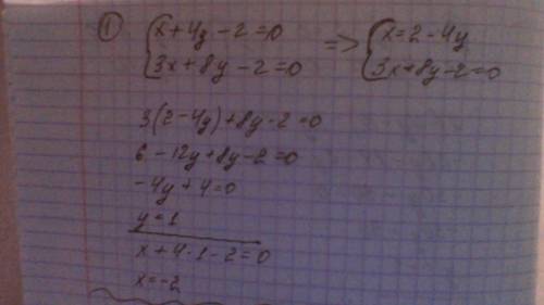 Люди! ! нужно решить систему уравнений: 1)х+4у-2=0 3х+8у-2=0 2)3х-2у-4=0 х+5у-7=0 3)7х-2у-6=0 х+4у+1