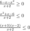 \frac{6-x-x^{2}}{x+2} \geq 0\\\\\frac{x^{2} +x-6}{x+2}\leq0\\\\\frac{(x+3)(x-2)}{x+2}\leq0