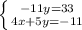 \left \{ {{-11y=33} \atop {4x+5y=-11}} \right.