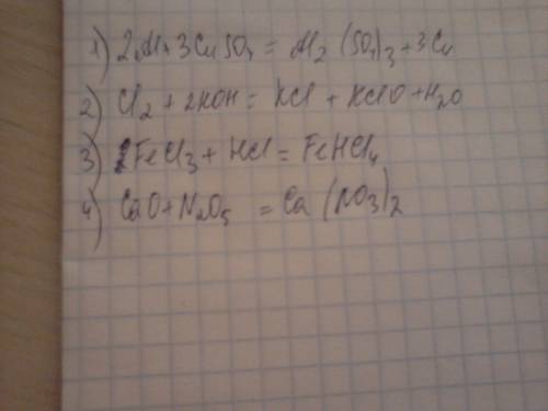 Составьте уравнения реакций со следующими ,,веществами al,cuso4,koh, cl2,fecl3,hcl,cao,n2o5