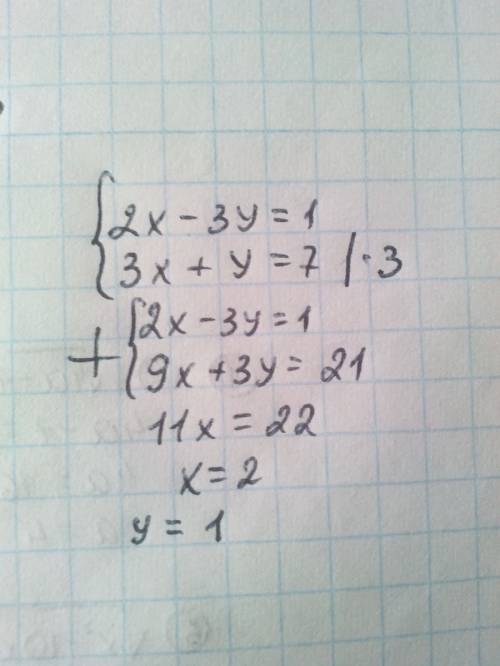 Решить систему уравнений 2x-3y=1 3x+y=7