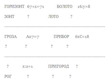 Найди закономерность и заполни пропуски горизонт 67+x=71 гроза a*7=7 : 2=1 болото 16: y=8 лото прибо