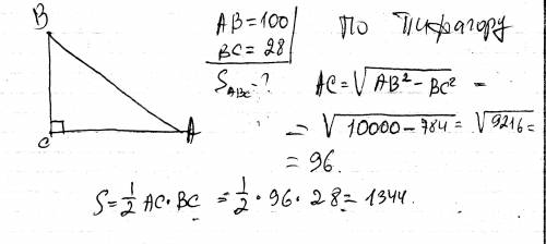 Найдите площадь прямоугольного треугольника, если его катет и гипотенуза равны соответственно 28 и 1