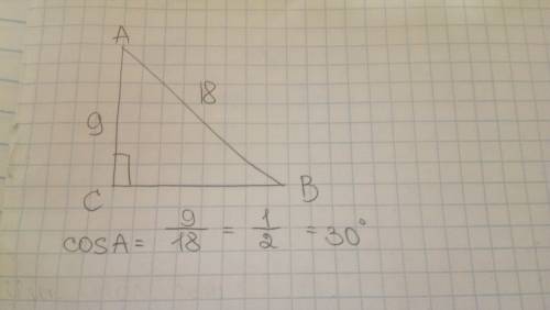 Втреугольнике авс угол с=90 градусам, ав=18 см, ас=9 см.найти угол а.