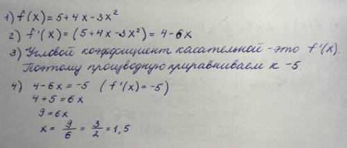 F(x)=5+4x-3x^2 найти координаты точки графика в которой угловой коэффициент касательной к нему равен