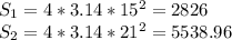 S_1=4*3.14*15^2=2826 \\ S_2=4*3.14*21^2=5538.96