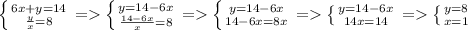 \left \{ {{6x+y=14} \atop { \frac{y}{x}=8 }} \right. = \left \{ {{y=14-6x} \atop { \frac{14-6x}{x}=8 }} \right. = \left \{ {{y=14-6x} \atop {14-6x=8x}} \right. = \left \{ {{y=14-6x} \atop {14x=14}} \right. = \left \{ {{y=8} \atop {x=1}} \right.