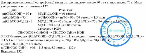 Для проведення реакції естерифікації взяли оцтову кислоту масою 90 г та етанол масою 75 г.маса утвор