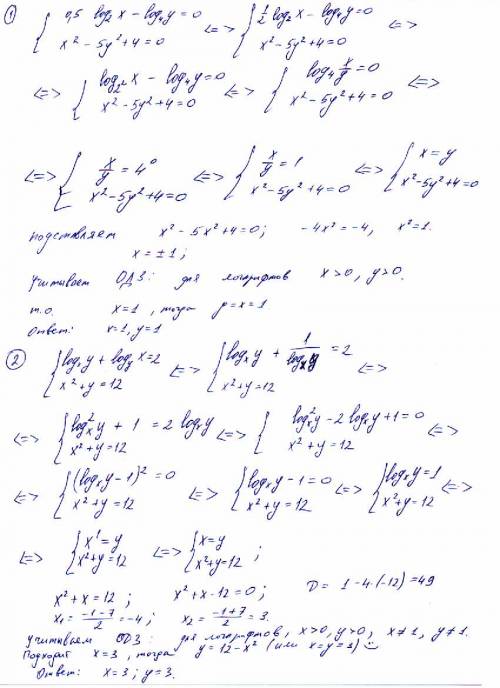 Решите системы 0.5log2 x-log4 y=0 x^2-5y^2+4=0 logx y + logy x=2 x^2+y=12