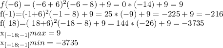 f(-6)=(-6+6)^{2}(-6-8)+9=0*(-14)+9=9&#10;&#10;&#10;f(-1)=(-1+6)^{2}(-1-8)+9=25*(-9)+9=-225+9=-216&#10;&#10;f(-18)=(-18+6)^{2}(-18-8)+9=144*(-26)+9=-3735&#10;&#10;x_{[-18;-1]}max=9&#10;&#10;x_{[-18;-1]}min=-3735