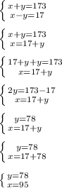 \left \{ {{x+y=173} \atop {x-y=17}} \right. \\ \\ \left \{ {{x+y=173} \atop {x=17+y}} \right. \\ \\ \left \{ {{17+y+y=173} \atop {x=17+y}} \right. \\ \\ \left \{ {{2y=173-17} \atop {x=17+y}} \right. \\ \\ \left \{ {{y=78} \atop {x=17+y}} \right. \\ \\ \left \{ {{y=78} \atop {x=17+78}} \right. \\ \\ \left \{ {{y=78} \atop {x=95}} \right.