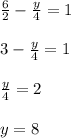 \frac{6}{2} - \frac{y}{4} =1 \\ \\ 3- \frac{y}{4}=1 \\ \\ \frac{y}{4} =2 \\ \\ y=8