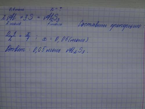 Нужна обчисліть кількість речовини солі,яка утвориться при взаємодії 0,1 моль алюмінію з сіркою?