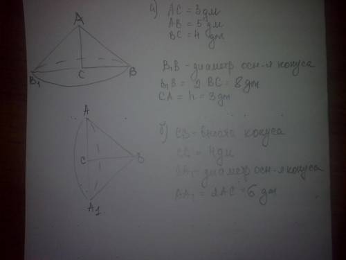 1). радиус основания конуса равен 1) 3см ; 2)8см а высота его равна 6см.найдите длину образующей кон