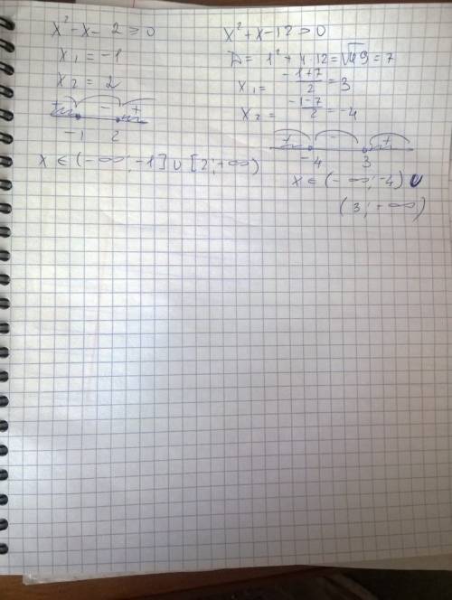 Решить квадратное неравенство 1)х²-х-2 ≥ 0 2)х² +х-12 больше 0