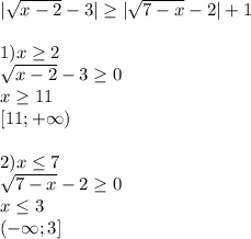 |\sqrt{x-2}-3| \geq |\sqrt{7-x}-2|+1\\\\&#10;1)&#10;x \geq 2\\&#10;\sqrt{x-2}-3 \geq 0\\&#10;x \geq 11\\&#10; \ [11;+\infty)\\\\&#10;2)x \leq 7\\&#10; \sqrt{7-x}-2 \geq 0\\&#10; x \leq 3\\&#10; (-\infty;3]\\\\&#10;