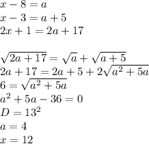 x-8=a\\&#10;x-3=a+5\\&#10;2x+1=2a+17\\\\&#10;\sqrt{2a+17}=\sqrt{a}+\sqrt{a+5}\\&#10;2a+17=2a+5+2\sqrt{a^2+5a}\\&#10;6=\sqrt{a^2+5a}\\&#10;a^2+5a-36=0\\&#10;D=13^2\\&#10;a=4\\&#10;x=12