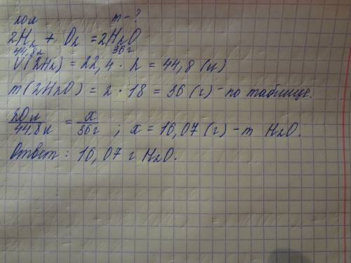 Сколько воды получится при взаимодействии 20 лиров водорода с кислородом