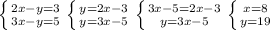 \left \{ {{2x-y=3} \atop {3x-y=5}} \right. \left \{ {{y=2x-3} \atop {y=3x-5}} \right. \left \{ {{3x-5=2x-3} \atop {y=3x-5}} \right. \left \{ {{x=8} \atop {y=19}} \right.