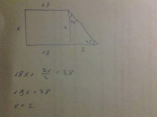 Основания прямоугольной трапеции равны 18 и 20. ее площадь равна 38. найдите острый угол этой трапец