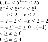 0,04 \leq 5^{2-x} \leq 25\\5^{-2} \leq 5^{2-x} \leq 5^2\\-2 \leq 2-x \leq 2\\-2-2 \leq -x \leq 2-2\\-4 \leq -x \leq 0|:(-1)\\4 \geq x \geq 0\\0 \leq x \leq 4