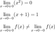 \lim\limits_{x\to0+0}(x^2)=0\\\\\lim\limits_{x\to0-0}(x+1)=1\\\\\lim\limits_{x\to0+0}f(x)\neq\lim\limits_{x\to0-0}f(x)