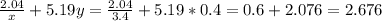 \frac{2.04}{x} +5.19y= \frac{2.04}{3.4} +5.19*0.4=0.6+2.076=2.676