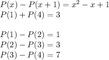 P(x)-P(x+1)=x^2-x+1\\&#10;P(1)+P(4)=3\\\\&#10;P(1)-P(2)=1\\&#10;P(2)-P(3)=3\\&#10;P(3)-P(4)=7\\&#10;