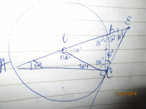 Угол между диаметром ab и хордой ac равен 30 градусов. через точку с проведена касательная, пересека