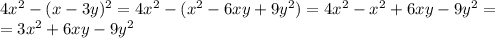 4x^{2}-(x-3y){^2}=4x^{2}-(x^{2}- 6xy+9y^{2})=4x^{2}-x^{2}+6xy-9y^{2}= \\ =3x^{2}+6xy-9y^{2}