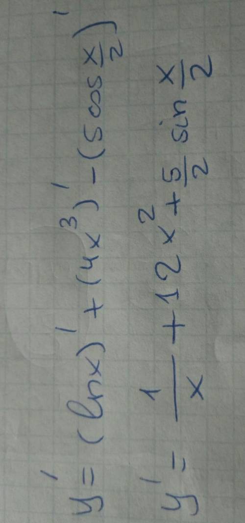 Знайти похидну функции y=lnx+4x^3-5cos x/2