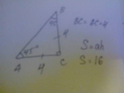 Дан прямоугольный треугольник abc угол c=90 градусов угол b=45(острый) ac=4 найдите площадь этого тр