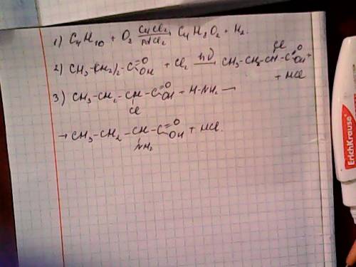 Запишіть рівняння бутан⇒бутанова кислота⇒2-хлорбутанова кислота⇒2-амінобутанова кислота