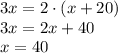 3x=2\cdot(x+20)\\3x=2x+40\\x=40