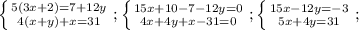 \left \{ {{5(3x+2)=7+12y} \atop {4(x+y)+x=31}} \right. ; \left \{ {{15x+10-7-12y=0} \atop {4x+4y+x-31=0}} \right. ; \left \{ {{15x-12y=-3} \atop {5x+4y=31}} \right. ;