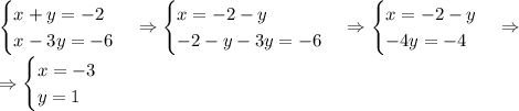 \begin{cases}x+y=-2\\x-3y= -6 \end{cases}\Rightarrow\begin{cases}x=-2-y\\-2-y-3y= -6 \end{cases}\Rightarrow\begin{cases}x=-2-y\\-4y=-4 \end{cases}\Rightarrow\\\Rightarrow\begin{cases}x=-3\\y=1 \end{cases}