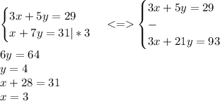 \begin{cases}3x+5y=29\\x+7y=31|*3\end{cases}<=\begin{cases}3x+5y=29\\-\\3x+21y=93\end{cases}\\\16y=64\\y=4\\x+28=31\\x=3