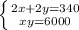 \left \{ {{2x+2y = 340} \atop {xy = 6000}} \right.