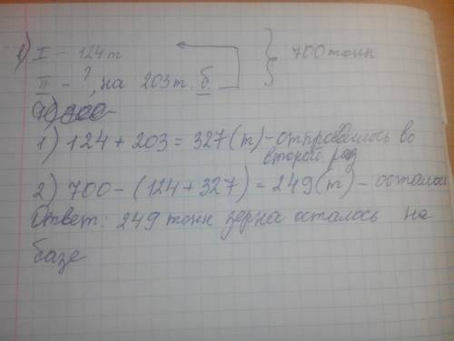 1)на базе 700 тонн зерна.зимой с базы в первый раз отправили 124 тонн зерна,а во второй-на 203 тонн