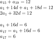 a_{15}+a_{19}=12\\&#10;a_{1}+14d+a_{1}+18d=12\\ &#10;2a_{1}+32d=12\\\\&#10;a_{1}+16d=6\\&#10;a_{17}=a_{1}+16d=6\\&#10;a_{17}=6