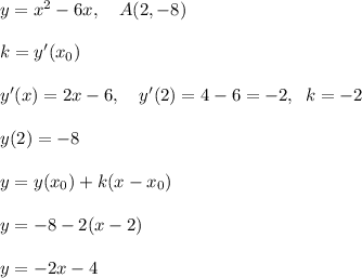 y=x^2-6x,\quad A(2,-8)\\\\k=y'(x_0)\\\\y'(x)=2x-6,\quad y'(2)=4-6=-2,\; \; k=-2\\\\y(2)=-8\\\\y=y(x_0)+k(x-x_0)\\\\y=-8-2(x-2)\\\\y=-2x-4