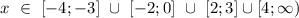 &#10;x \ \in \ [-4;-3]\ \cup \ [-2;0]\ \cup \ [2;3] \cup [4;\infty)