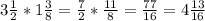 3\frac{1}{2} * 1\frac{3}{8} = \frac{7}{2} * \frac{11}{8} = \frac{77}{16} =4 \frac{13}{16}