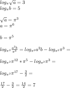 log_{\pi}\sqrt{a}=3\\&#10;log_{\pi}b=5\\\\&#10;\sqrt{a}=\pi^3\\ &#10;a=\pi^6\\\\&#10;b=\pi^5\\\\&#10;log_{\pi^2}\frac{a^2b}{\pi^3}=log_{\pi^2}a^2b - log_{\pi^2}\pi^3 =\\\\&#10;log_{\pi^2}\pi^{12}*\pi^5-log_{\pi^2}\pi^3=\\\\&#10;log_{\pi^2}\pi^{17}-\frac{3}{2}=\\\\&#10;\frac{17}{2}-\frac{3}{2} = \frac{14}{2} = 7